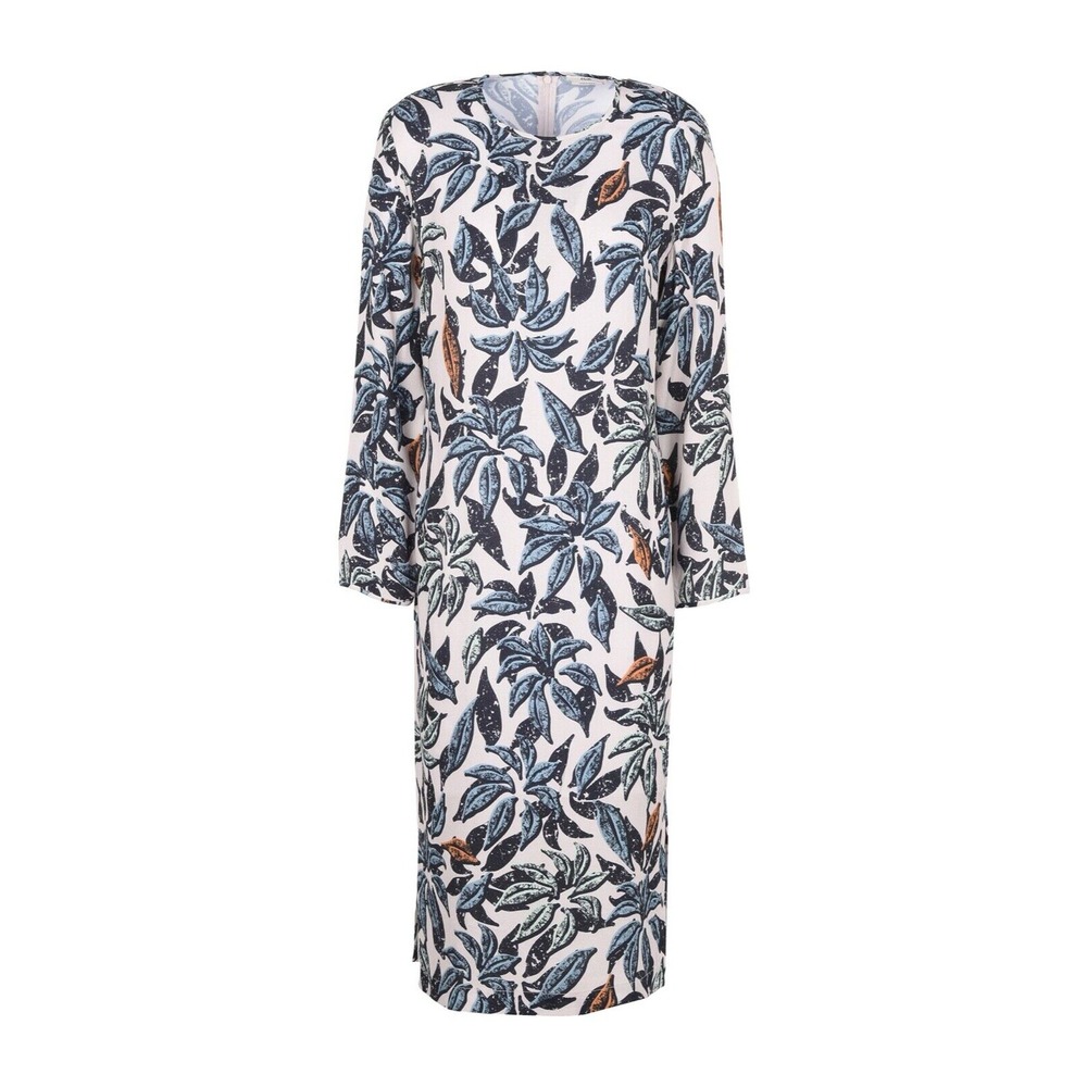 Edun Tropical Print Crepe Midi Dress Long Sleeve Size 6 Viscose Round Neck